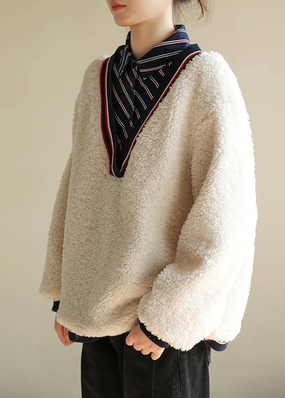 Elegant shirt collar cotton patchwork Blouse Shape white top - SooLinen