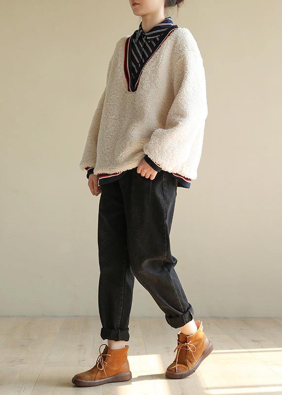 Elegant shirt collar cotton patchwork Blouse Shape white top - SooLinen