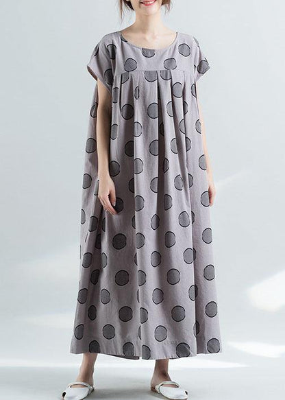 Elegant short sleeve o neck cotton clothes pattern gray dotted Plus Size Dress summer - SooLinen