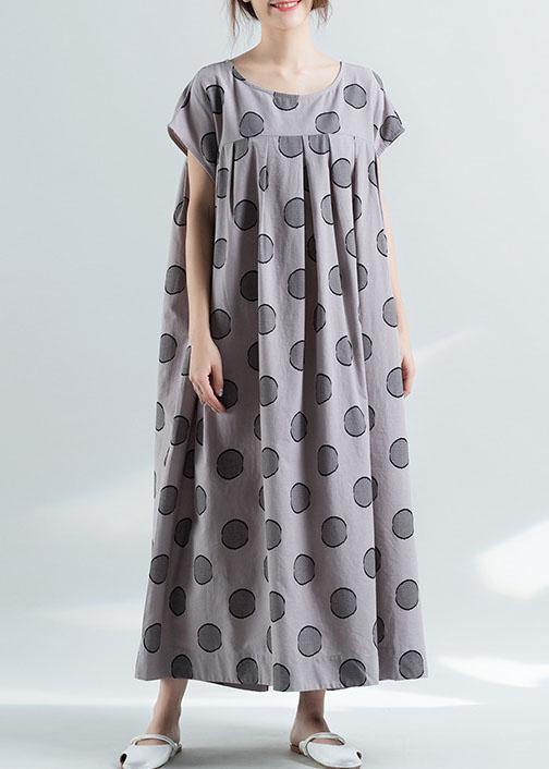 Elegant short sleeve o neck cotton clothes pattern gray dotted Plus Size Dress summer - SooLinen
