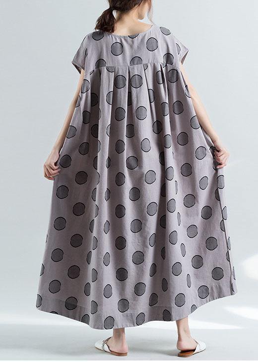 Elegant short sleeve o neck cotton clothes pattern gray dotted Plus Size Dress summer - SooLinen