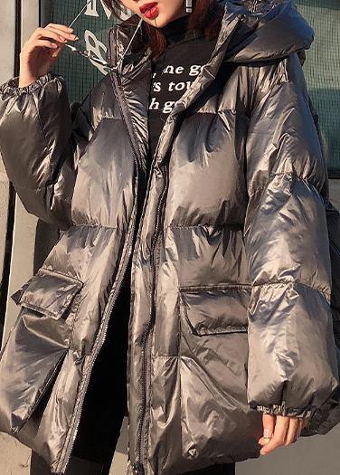 Elegant silver gray winter parkas Loose fitting Jackets & Coats winter hooded pockets outwear - SooLinen