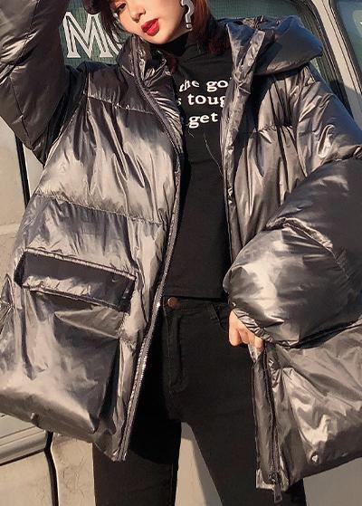 Elegant silver gray winter parkas Loose fitting Jackets & Coats winter hooded pockets outwear - SooLinen