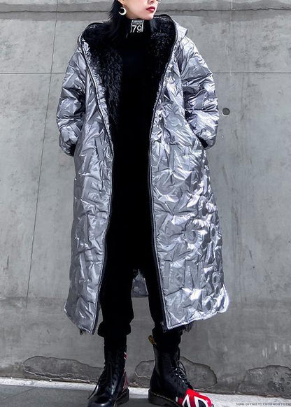 Elegant silver outwear trendy plus size snow hooded zippered winter outwear - SooLinen