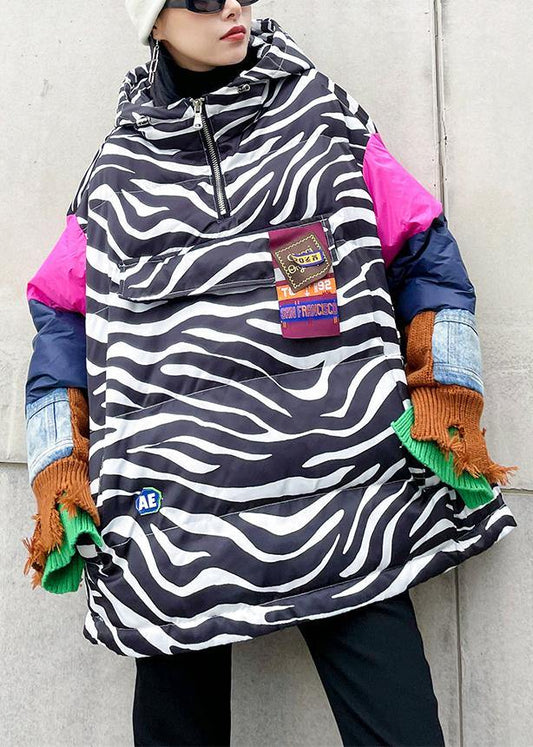 Elegant striped casual outfit oversized snow jackets hooded patchwork coats - SooLinen