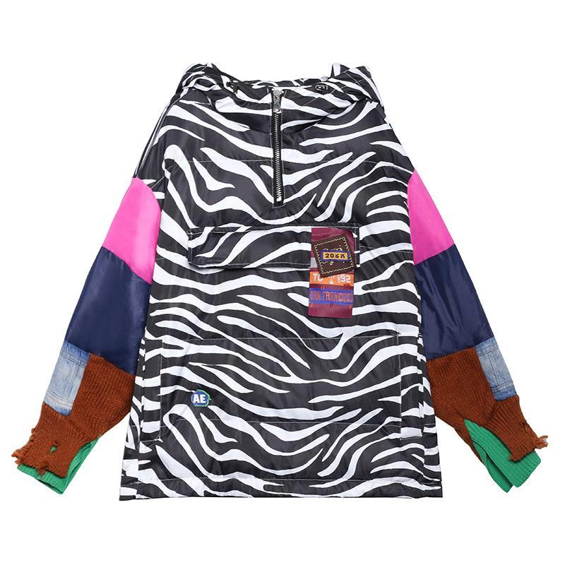 Elegant striped casual outfit oversized snow jackets hooded patchwork coats - SooLinen