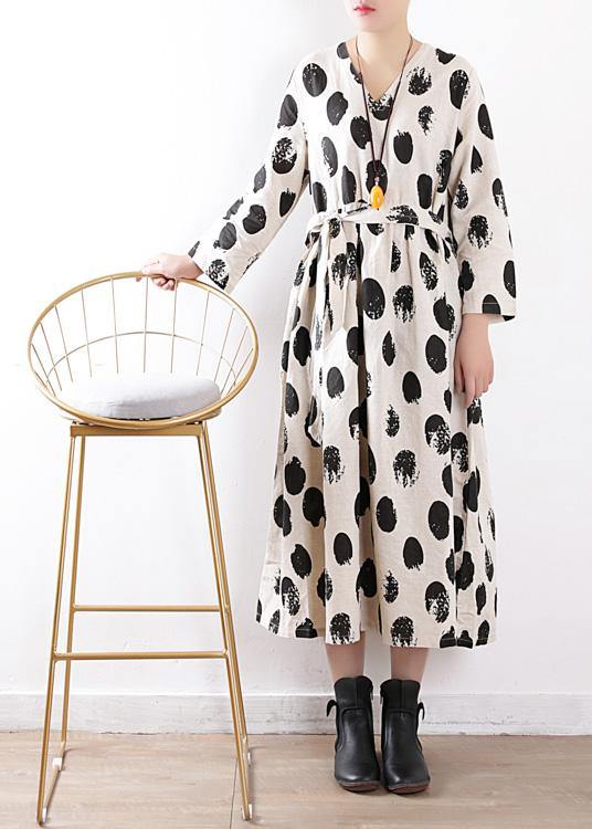 Elegant tie waist linen clothes For Women Work beige dotted Dress v neck - SooLinen
