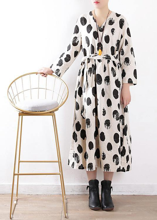 Elegant tie waist linen clothes For Women Work beige dotted Dress v neck - SooLinen