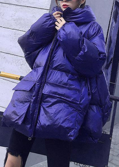 Elegant trendy plus size Jackets & Coats blue hooded pockets women parka - SooLinen