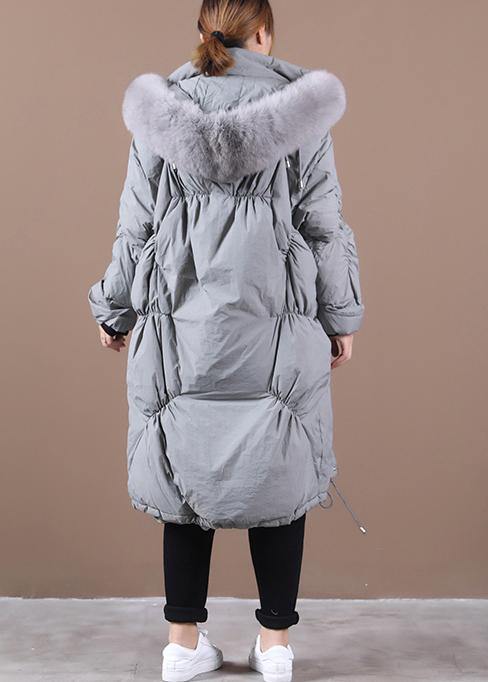 Elegant trendy plus size snow jackets Winter gray hooded Cinched goose Down coat - SooLinen