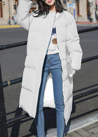 Elegant trendy plus size winter jacket overcoat white o neck pockets down coat winter - SooLinen
