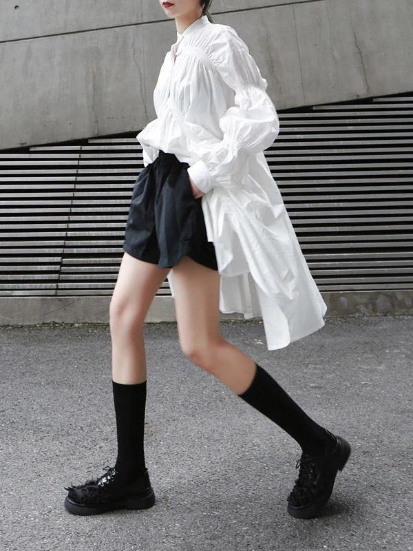 Elegant white cotton clothes For Women stand collar Cinched Dresses tops - SooLinen