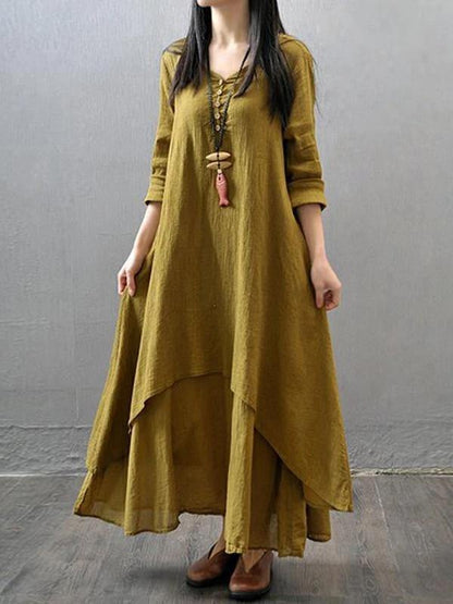 Elegant white cotton outfit v neck patchwork Dresses - SooLinen