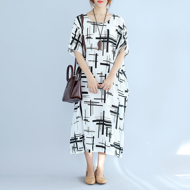 Elegant white linen dress plus size asymmetric design striped cotton dresses vintage o neck linen cotton dress