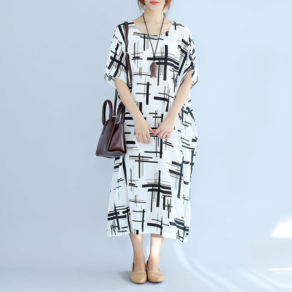 Elegant white linen dress plus size asymmetric design striped cotton dresses vintage o neck linen cotton dress