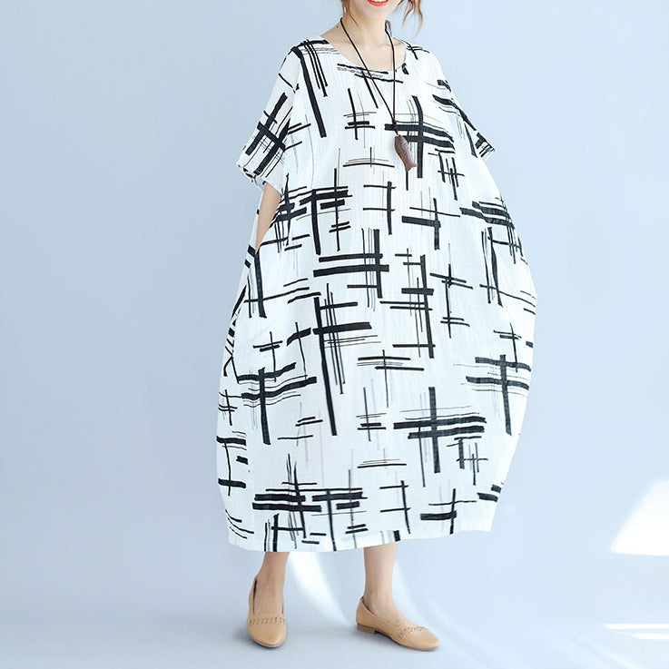 Elegant white linen dress plus size asymmetric design striped cotton dresses vintage o neck linen cotton dress