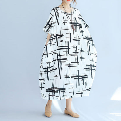 Elegant white linen dress plus size asymmetric design striped cotton dresses vintage o neck linen cotton dress