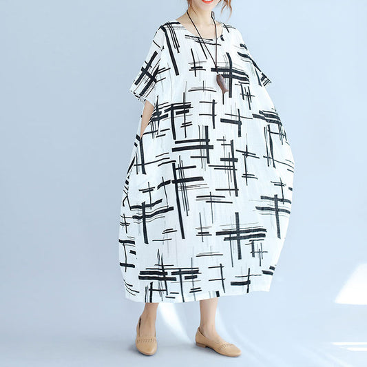 Elegant white linen dress plus size asymmetric design striped cotton dresses vintage o neck linen cotton dress