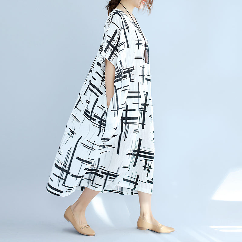 Elegant white linen dress plus size asymmetric design striped cotton dresses vintage o neck linen cotton dress