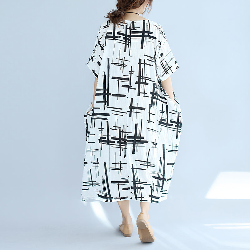 Elegant white linen dress plus size asymmetric design striped cotton dresses vintage o neck linen cotton dress