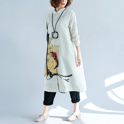 Elegant white pure cotton shirt dresses plus size cotton dresses New long sleeve Turn-down Collar pockets cotton shirt dress