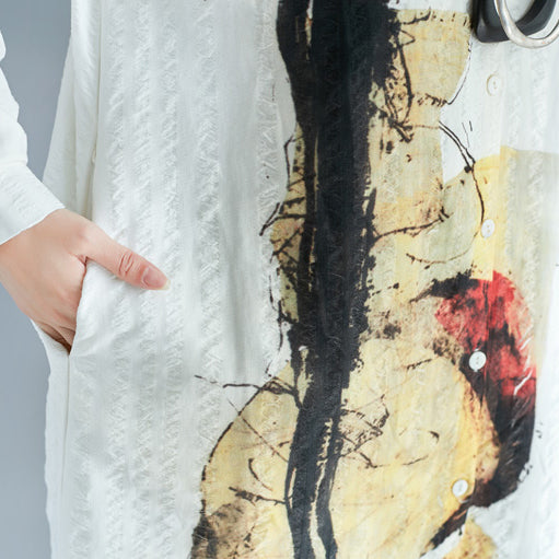 Elegant white pure cotton shirt dresses plus size cotton dresses New long sleeve Turn-down Collar pockets cotton shirt dress