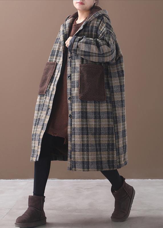 Elegant yellow plaid Plus Size Long coats Wardrobes patchwork pockets hooded coat - SooLinen