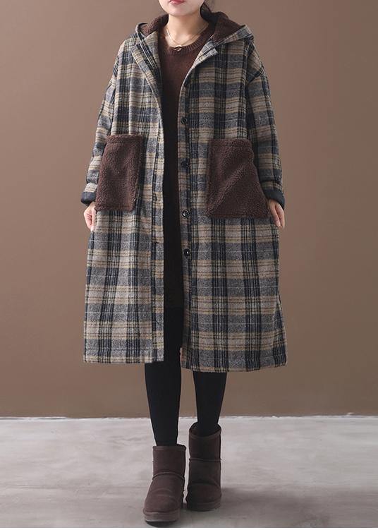 Elegant yellow plaid Plus Size Long coats Wardrobes patchwork pockets hooded coat - SooLinen
