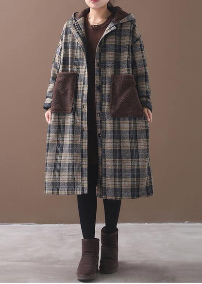 Elegant yellow plaid Plus Size Long coats Wardrobes patchwork pockets hooded coat - SooLinen