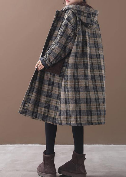 Elegant yellow plaid Plus Size Long coats Wardrobes patchwork pockets hooded coat - SooLinen
