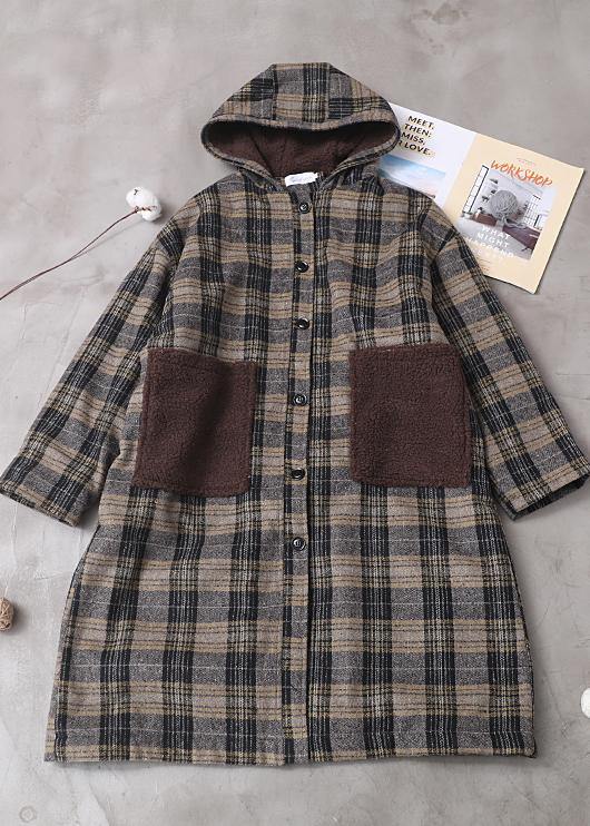 Elegant yellow plaid Plus Size Long coats Wardrobes patchwork pockets hooded coat - SooLinen