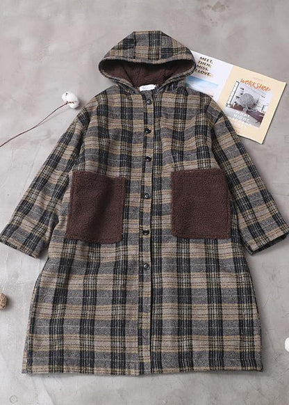 Elegant yellow plaid Plus Size Long coats Wardrobes patchwork pockets hooded coat - SooLinen