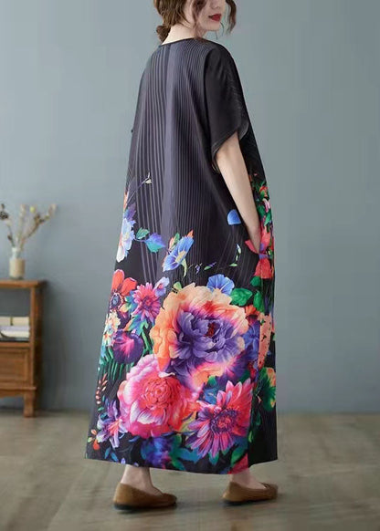 Elegant Black Print asymmetrical design Patchwork Silk Ankle Dress Summer