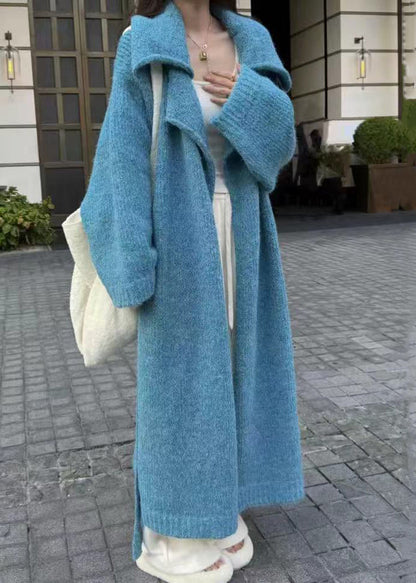 ElegantBlue Peter Pan Collar Tie Waist Knit Long Coat Fall