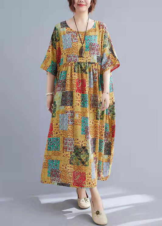 Elegant O Neck Short Sleeve Cotton Long Dresses Patchwork Color Plus Size Clothing Summer Dress