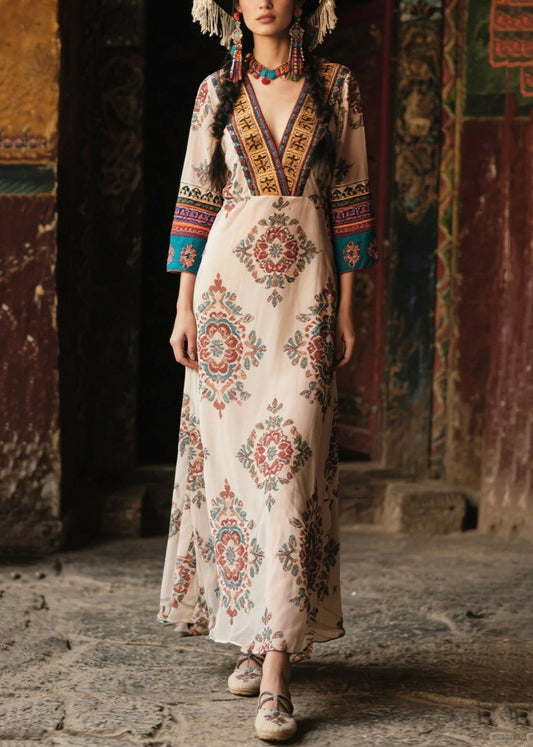 Ethnic Style Apricot V Neck Print Chiffon Robe Dresses Bracelet Sleeve