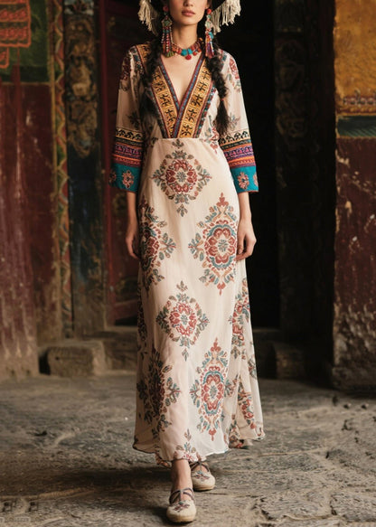 Ethnic Style Apricot V Neck Print Chiffon Robe Dresses Bracelet Sleeve