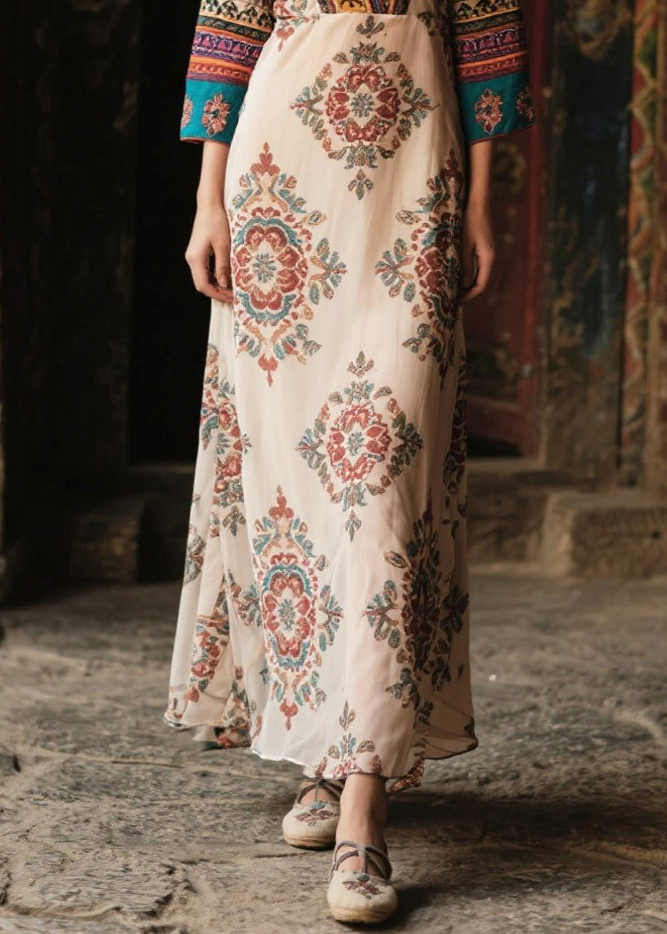 Ethnic Style Apricot V Neck Print Chiffon Robe Dresses Bracelet Sleeve