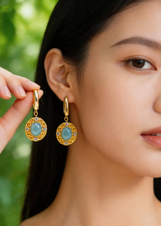 Ethnic Style Fine Jade Zircon Metal Drop Earrings