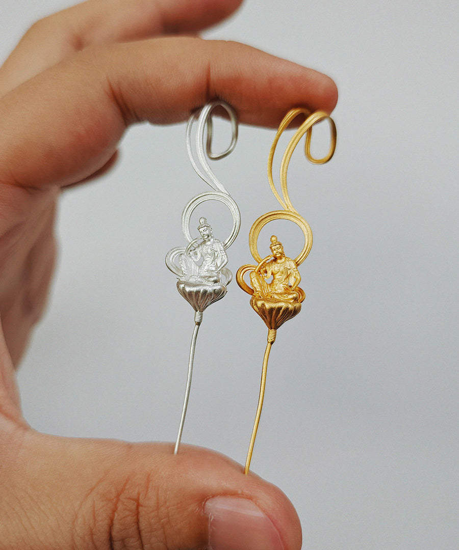 Ethnic Style Handmade Enlightenment Zen Buddhist Silver Gilding Earrings
