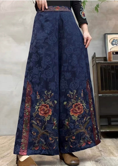 Ethnic Style Navy Embroidered Cotton Wide Leg Pants Spring