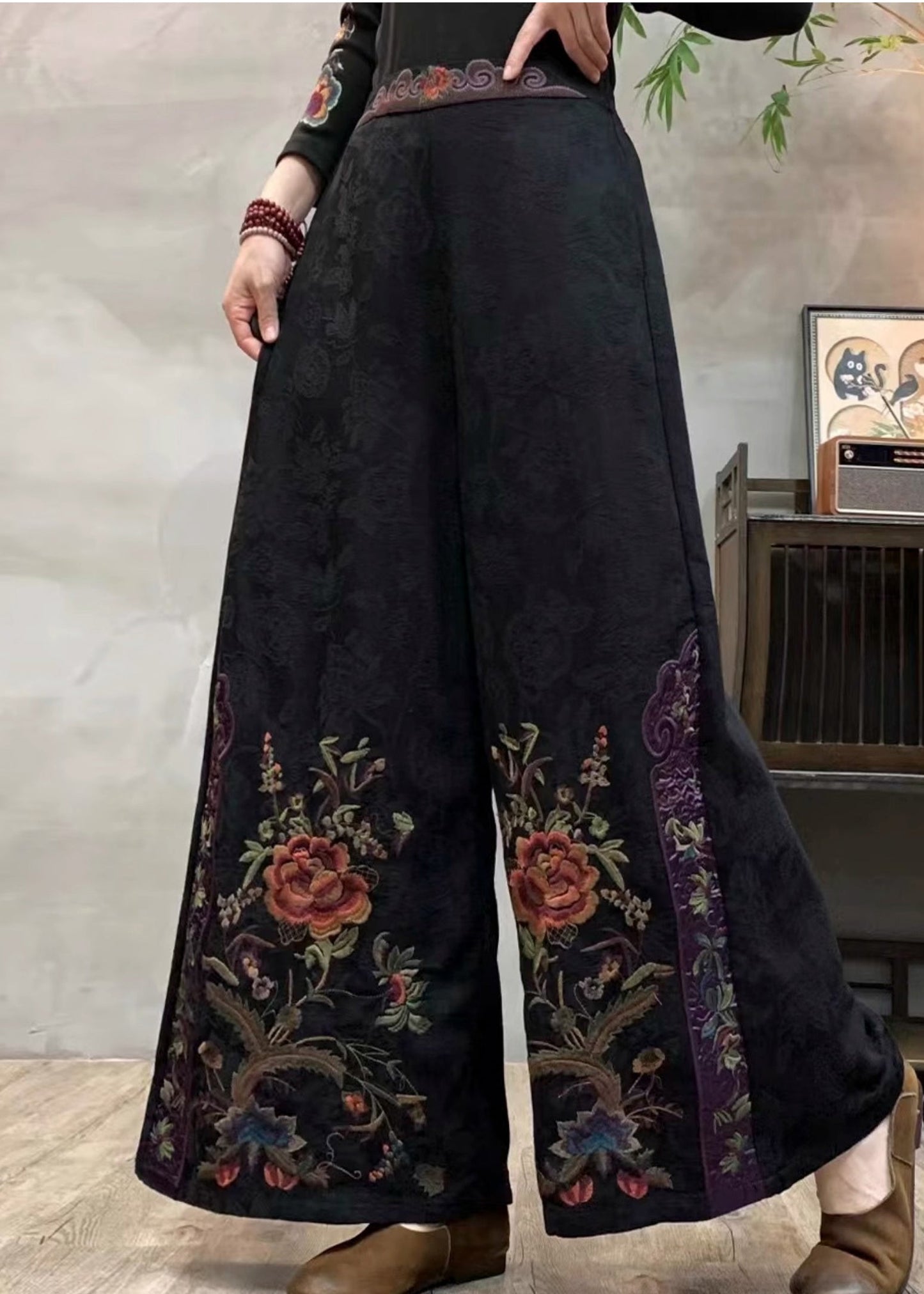 Ethnic Style Navy Embroidered Cotton Wide Leg Pants Spring