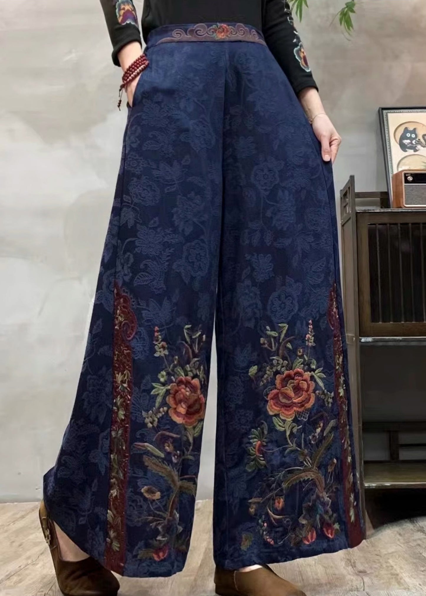 Ethnic Style Navy Embroidered Cotton Wide Leg Pants Spring