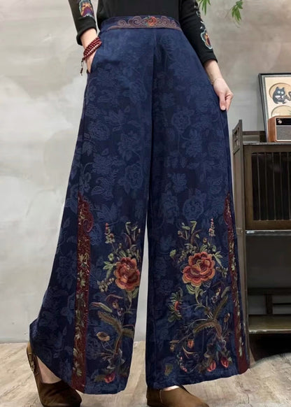 Ethnic Style Navy Embroidered Cotton Wide Leg Pants Spring