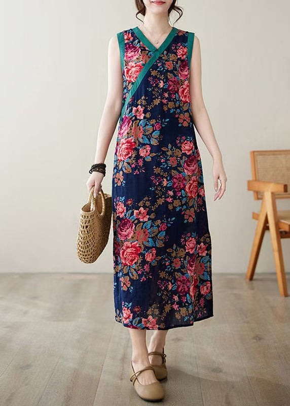Ethnic Style Navy Print Side Open Linen Dresses Sleeveless