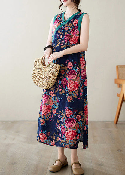Ethnic Style Navy Print Side Open Linen Dresses Sleeveless