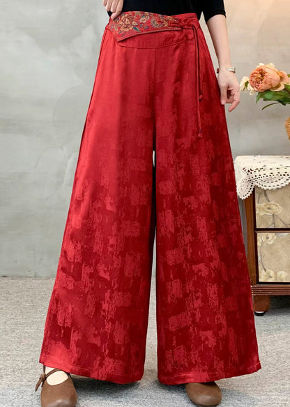 Ethnic Style Red Embroidered Jacquard Silk Pants Spring