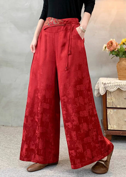 Ethnic Style Red Embroidered Jacquard Silk Pants Spring