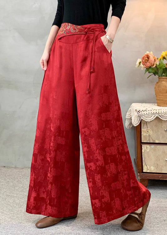 Ethnic Style Red Embroidered Jacquard Silk Pants Spring