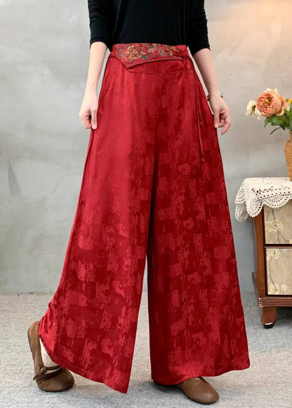 Ethnic Style Red Embroidered Jacquard Silk Pants Spring
